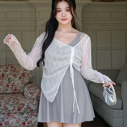 Swimsuit Women's chubby girl 100.00kg Split Blouse Three-piece Set Belly Covering Conservative Long-sleeved Big Chest Slimming Hot Spring Swimsuit