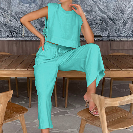 Fashion Cotton Linen suit Women's 2024 Summer New Shoulder Pad Sleeveless Top Trousers Two-piece Set of European and American Casual