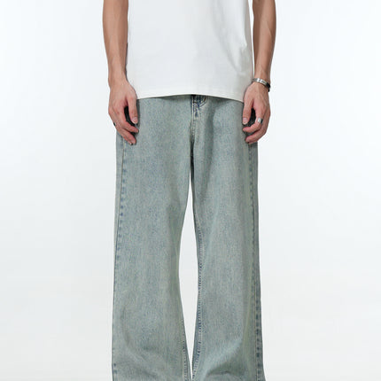 11Kn American Drawstring Bootcut Jeans for Men and Women Retro Blue Ripped Lightning Washed Slimming Look Casual Pants