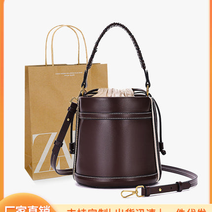Za Cross-Border Women's Bag, Brown Double-Handle Cylindrical Handbag, Crossbody Bucket Bag, Cylindrical Shoulder Bag with Contrasting Color Design
