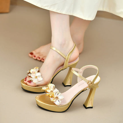 Flower Sandals for Women, New Products, Flower Buckle High Heels, Women's Thick Heels, Versatile Waterproof Platform Women's Shoes, New Products