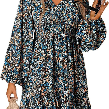 2025 Bohemian Floral V-Neck Long Sleeve Pleated Waist Casual A- Line Skirt with Swing Mini dress