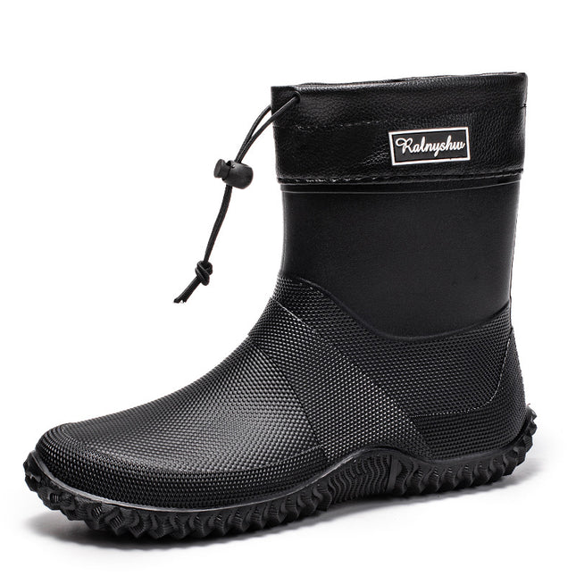 Cross-Border Drawstring Fixed Rain Boots for Men, Short-Tube Waterproof Shoes, Rain Boots, Non-Slip Water Boots, Men's Thick-Soled Kitchen Low-Tube Rubber Shoes