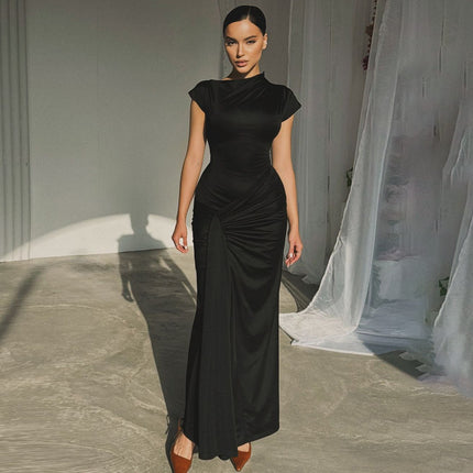European and American Style Export New Women's Pure Color Short-Sleeved Pleated Back Lace-Up High-End Waist Slimming Sexy Dress
