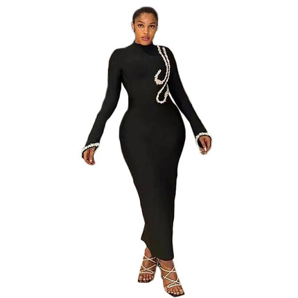 Europe and the United States cross-border new nail drill long sleeve tight bandage dress socialite elegant banquet dress dress