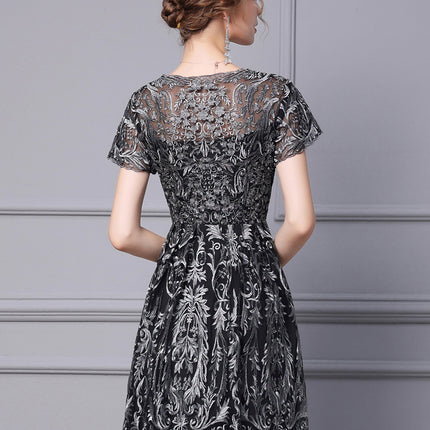 Zhili V-Neck Dress 2026 Summer New High-End Heavy-Duty Silver Thread Embroidery Pear-Shaped Figure A-Line Dress