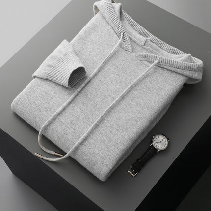 100 Pure Wool Sweater Men's Hoodie with Pocket Solid Color Loose Knitted Sweater Long Sleeve Hooded Sweater New Base Sweater
