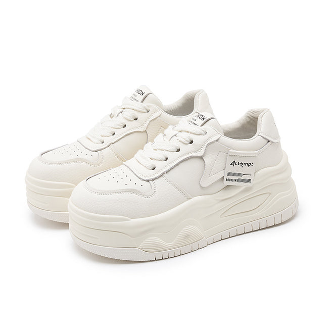 Genuine Leather Women's Casual Shoes 2024 Spring New Thick-Soled Inner Heightening White Shoes Thick-Soled Board Shoes Sports Shoes