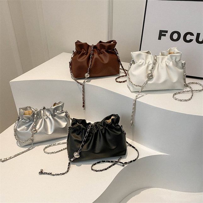 High-End Cross-Body Pleated Niche Mobile Phone Bag Mini Small Bag for Women 2025 New Soft Leather White Bucket Bag