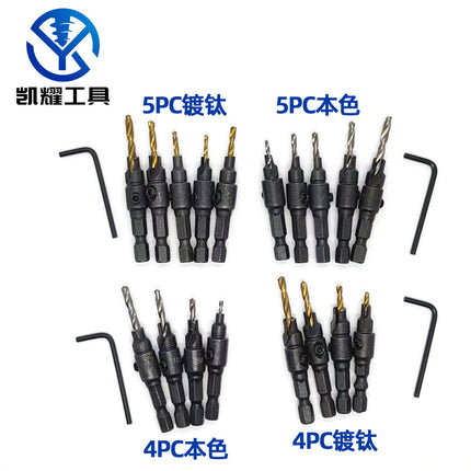 Woodworking countersunk head drill high speed steel titanium plated hole opener set punch Chamfering integrated hexagonal shank countersunk hole twist drill