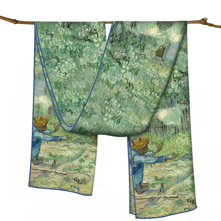 150cm Spring Long Van Gogh Oil Painting Series Starry Sky Women's Long Silk Scarf All-Match Shawl Scarf Scarf for All Seasons
