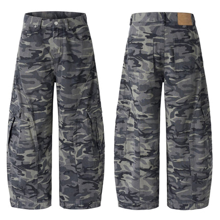 Lktm Men's American Design Multi-Pocket Scimitar Camouflage Cargo Pants Unisex Baggy Silhouette Floor-Length Trousers