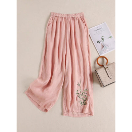 Southeast Asia Cross-Border Spring and Autumn Large Size Loose-Fitting Casual Slimming High-Waisted Cotton and Linen Embroidered Wide-Leg Pants