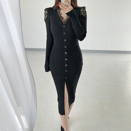 South Korea Dongdaemun Slim-fit Sexy Tight Waist Figure Feminine Lace Stitching Split Knitted Long-sleeved dress