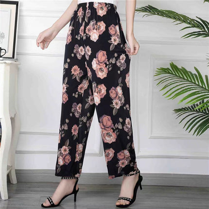 Middle-Aged and Elderly Women's Summer Thin Floral Pants, Loose Fit, Ice Silk Cropped Granny Pants, Direct from Manufacturer