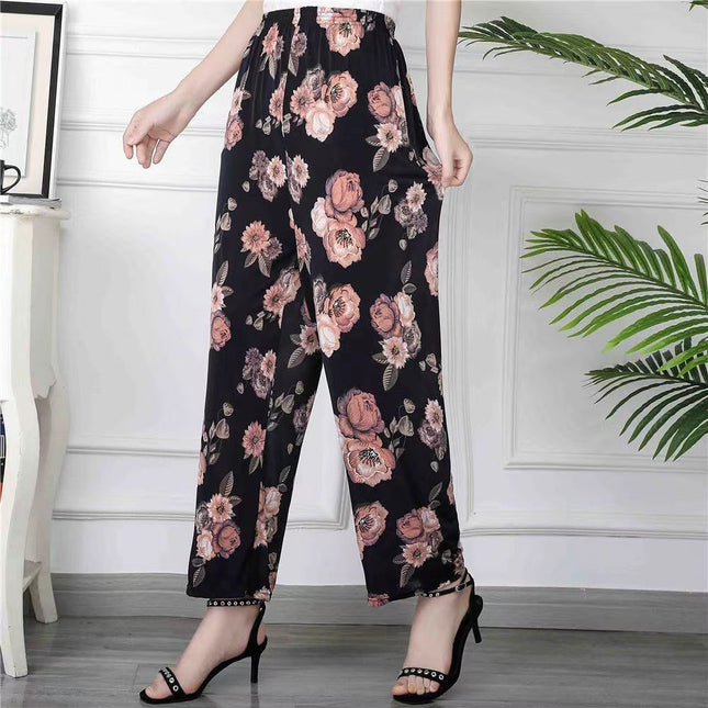 Middle-Aged and Elderly Women's Summer Thin Floral Pants, Loose Fit, Ice Silk Cropped Granny Pants, Direct from Manufacturer
