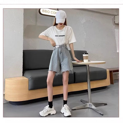 Fat Sister 2025 New Summer Plus Size Women's Loose Wide Leg Straight-Leg High Waist Ripped Five-Point Denim Shorts