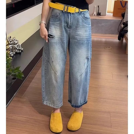 Ripped Cropped Harem Jeans for Women, Spring New Style, Pear-Shaped Figure, Thin Carrot Pants, Plus Size Loose Wide-Leg Pants