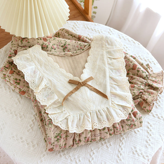 Women's autumn and winter air cotton Quilted round neck vintage floral sweet long sleeve trousers suit