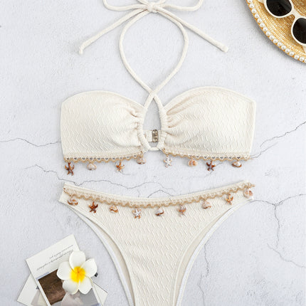 Cross-Border European and American New Bikini Shell Pendant Sexy Strap Halterneck Pure Color Swimsuit Swimsuit Women's Bikini