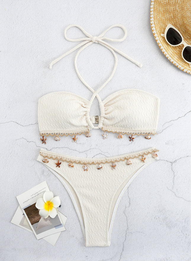 Cross-Border European and American New Bikini Shell Pendant Sexy Strap Halterneck Pure Color Swimsuit Swimsuit Women's Bikini