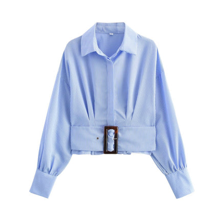 7227-New Women's Clothing European and American Style Lapel Long-Sleeved Shirt with Belt Decoration for Women
