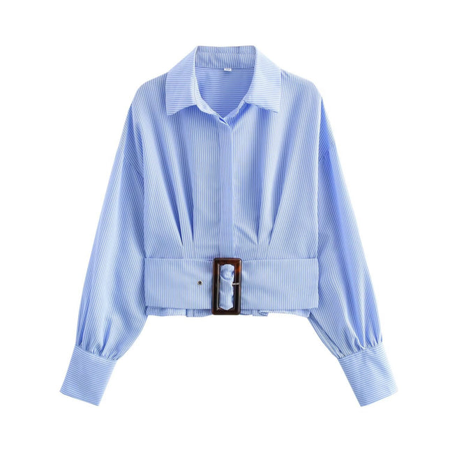 7227-New Women's Clothing European and American Style Lapel Long-Sleeved Shirt with Belt Decoration for Women