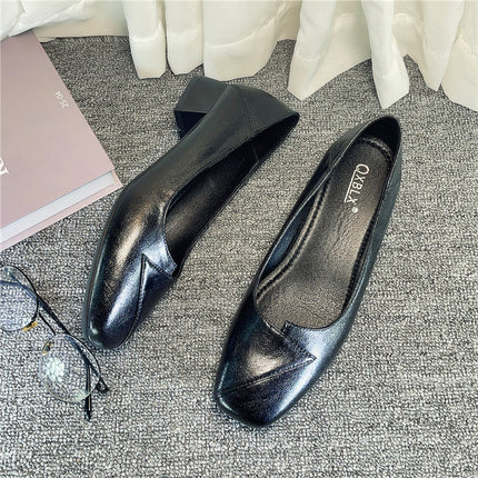 Work Shoes Women's Square Head Black Professional Work Interview Thick Heeled Middle Heeled Stewardess Flat Single Shoes Women