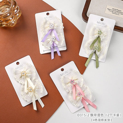 2 Card Hair Cards Elegant Girl Bow Hairpin Ribbon Hair Accessories Korean Style New Lace Side Bangs Clip