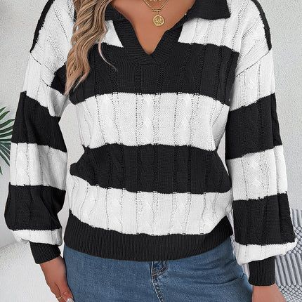 Clearance Sale Autumn and Winter Casual V-Neck Color-Blocked Cable Knit Lantern Sleeve Pullover Sweater Independent Cross-Border European and American Women's Fashion