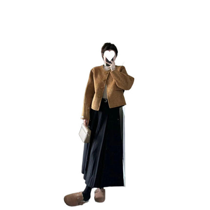 Autumn and Winter New Korean Style Retro Old Money Style Wear Dress Women's Brown Short Wool Coat Overskirt Two-piece Set