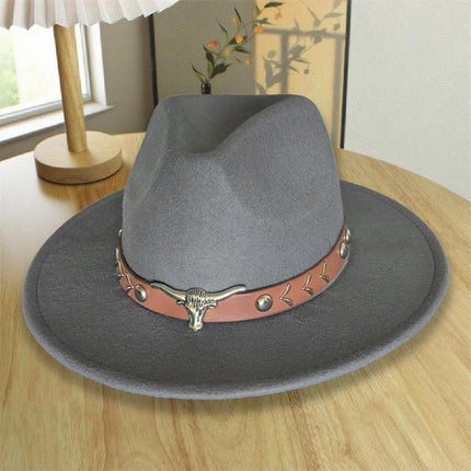 European and American Autumn and Winter Woolen Denim Jazz Felt Hat with Cow Head Label, Large Brim Fedora, Xizang Ethnic Style Outdoor Bucket Hat