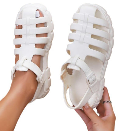 Thick-soled gear sandals women's shoes pig cage shoes covered toe hollow woven muffin Roman sandals plus size ins style sandals