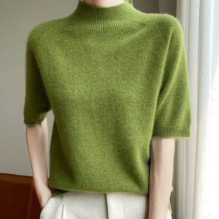One-Piece Seamless Autumn and Winter Half-High Collar Five-Quarter Sleeve Knit Top for Women, Loose Short-Sleeve T-Shirt Knit Top for Layering