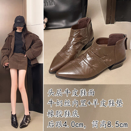 First-Layer Cowhide Pointed Toe Nude Boots for Women 2025 Autum New Flats-Soled Elegant Single Boots Niche Design Versatile Leather Boots