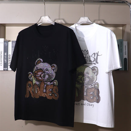 Punk Costume Cool Personality Heavy Trendy Brand Hot Drilling Panda Carto Bear Wide Short-sleeved T-shirt Fat Plus Size