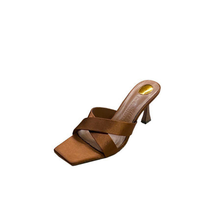 2025 European and American New Fashion Elegant High Heels Stiletto Open Toe Square Toe Sexy Slippers