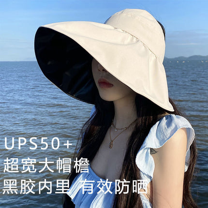 Hat Women's 2025 Summer Popular Large Brim Vinyl Half-Hollow Top Sun Hat Can Tie Ponytail Outdoor Sun Protection Sun Hat