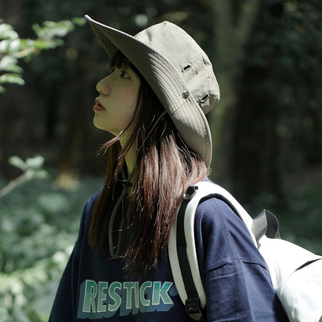 Japanese-Style Wide-Brim Drawstring Sun Protection Fisherman Hat for Women, Summer Outdoor Breathable Mountain Camping Sunshade Hiking Fishing Hat for Men