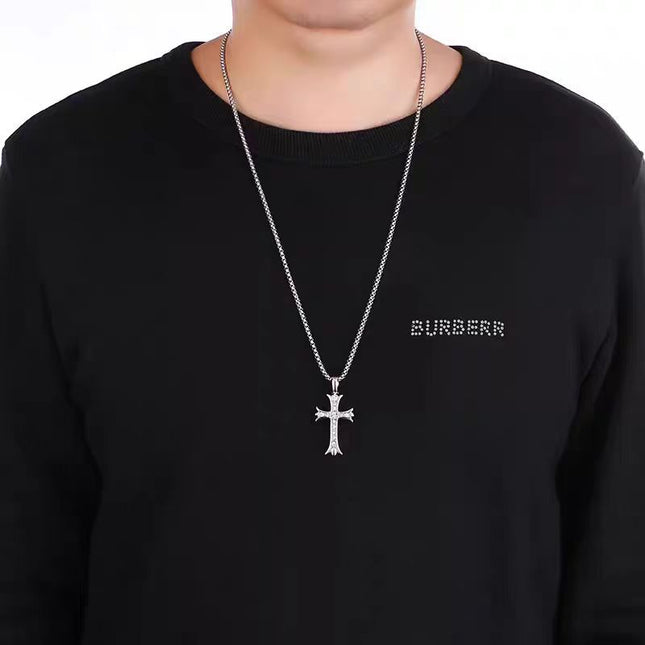 Titanium Steel Cross Necklace with Diamonds, Unisex European and American Cross-Border Jewelry, Hip-Hop High-End Accessories, Sweater Chain, Hoodie Chain
