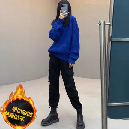 Women's Trendy Ins Street Style Winter Fleece-Lined Cargo Pants Hip-Hop Pants with Boots Jogger Pants