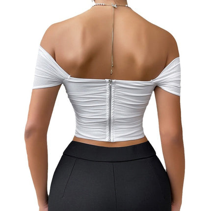 Fishbone Waist-Cinching Tube Top Camisole with Beautiful Back Design, Off-Shoulder Short-Sleeve Top for Women, Vacation Style Camisole, Cross-Border
