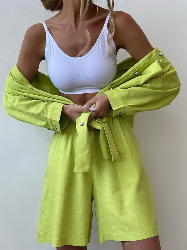 2024 spring European and American new solid color single breasted cotton and linen long sleeve shirt loose fashion casual shorts suit
