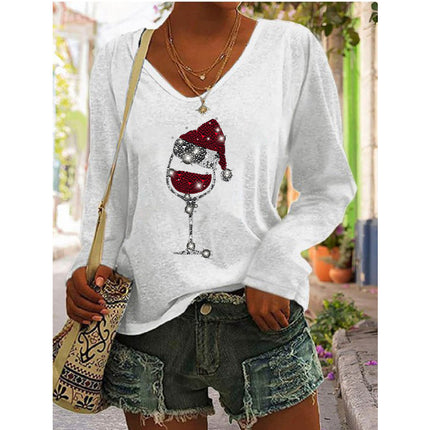 2023 European and American Amazon independent station wish autumn and winter new hot selling women's printed V-neck long sleeve loose T-shirt for women