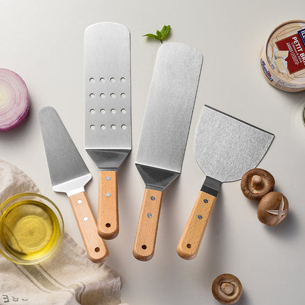 Wooden Handle Stainless Steel Spatula Korean Teppanyaki Cooking Spatula Steak Spatula Pancake Pizza Spatula Tool Set