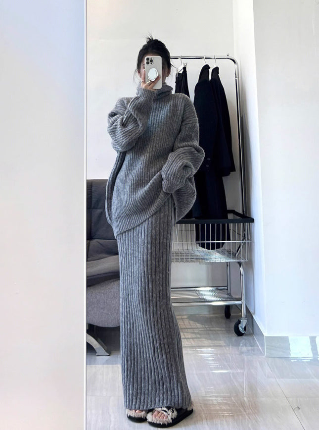 High-end Light Luxury Socialite French Retro Turtleneck Sweater Cold Style Fashion Two-piece Suit Simple Skirt Elegant