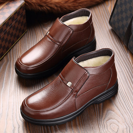 Men's Winter Warm fleece-lined Thickened High-top Leather Shoes Leather Casual Middle-aged and Elderly Dad Shoes