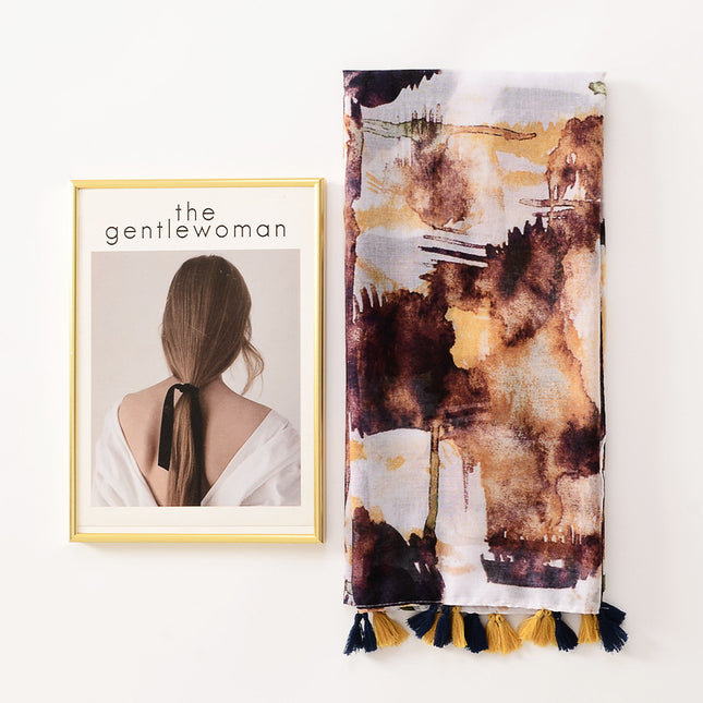 Elegant soft silk yarn cotton and linen feel scarf ink painting long tassel large scarf travel sunscreen beach towel