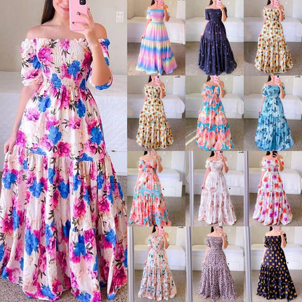 2025 cross-border new spring and summer European and American women's dress off-shoulder floral fashion off-shoulder long printed skirt