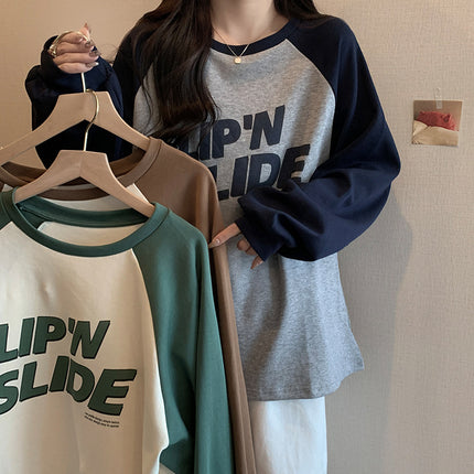 Autumn and Winter thickened brushed contrast color raglan sleeve letter printed T-shirt women's lazy loose large casual round neck sweater